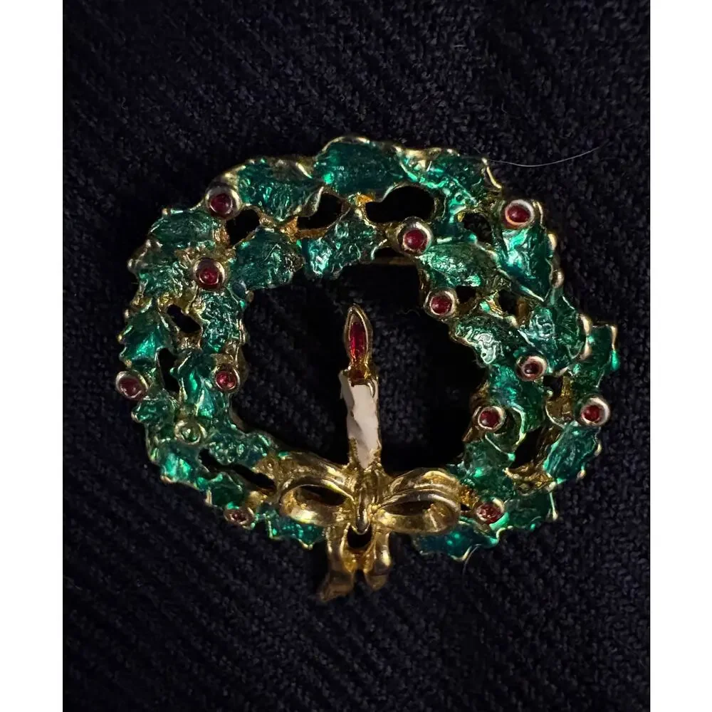 Vintage Christmas Wreath Pin Candle Christmas Holiday Brooch